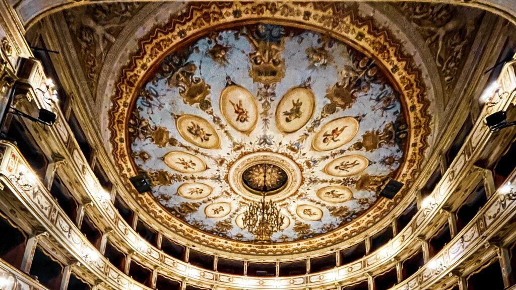 The beautiful roof of the Todi theatre, Italy.
