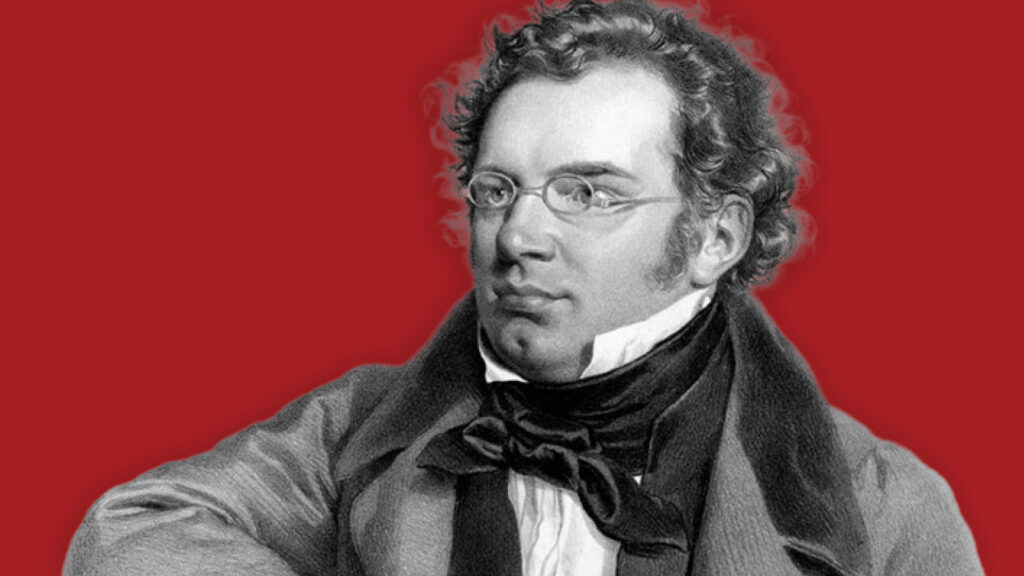 A portrait of Franz Schubert on a red background.